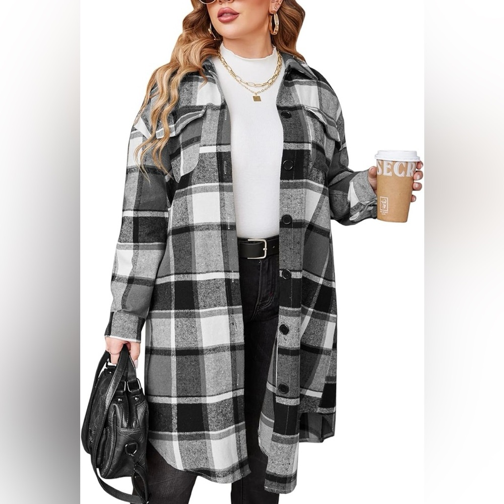 In’Voland Plaid Black White Grey Long Flannel Shirt Jacket Coat Size 16 - Picture 2 of 5
